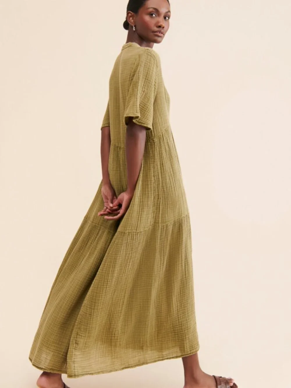 Anthropologie Moss Green Textured gauze Maxi Dress Size Medium 38419
